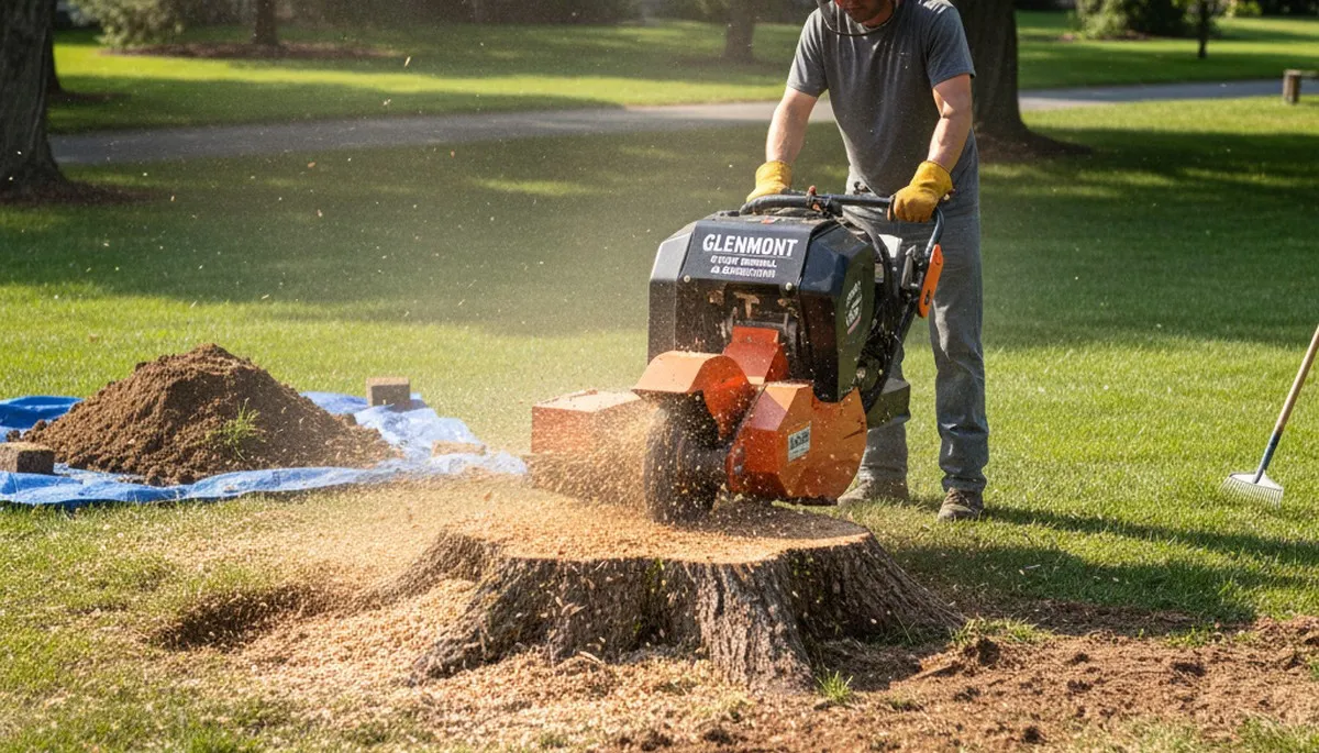 Professional stump grinding removing tree stumps in Glenmont, Albany NY for lawn and landscape restoration