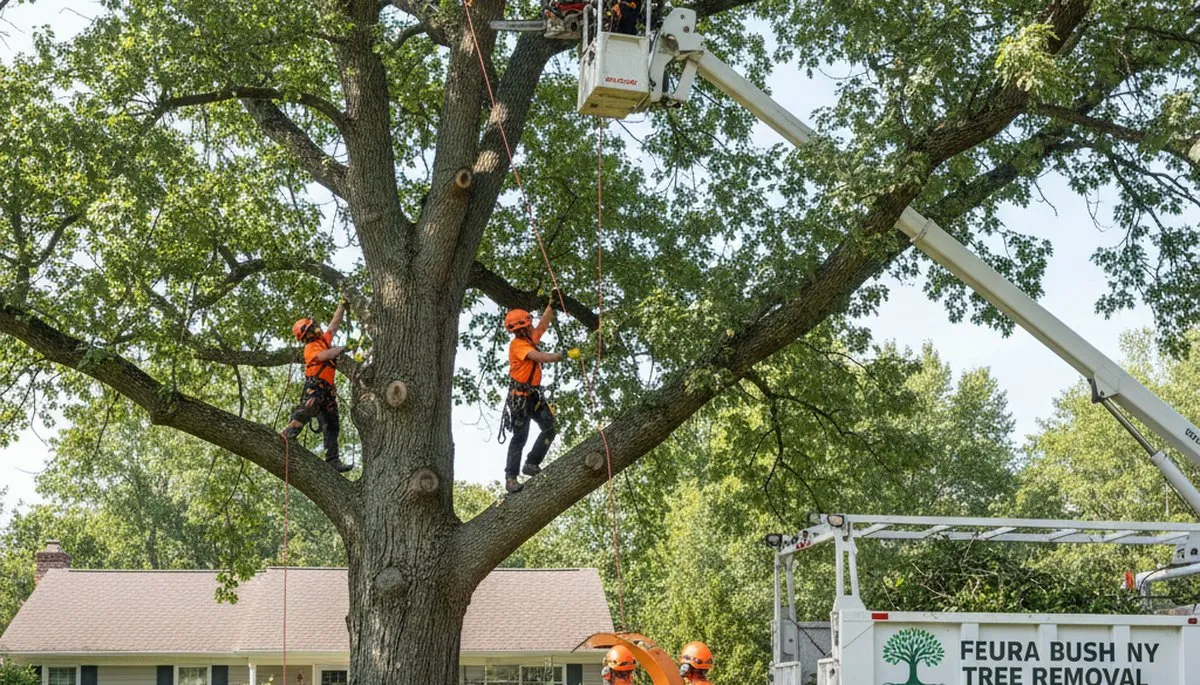 Professional tree removal service in Albany NY safely clearing large oak tree for homeowner