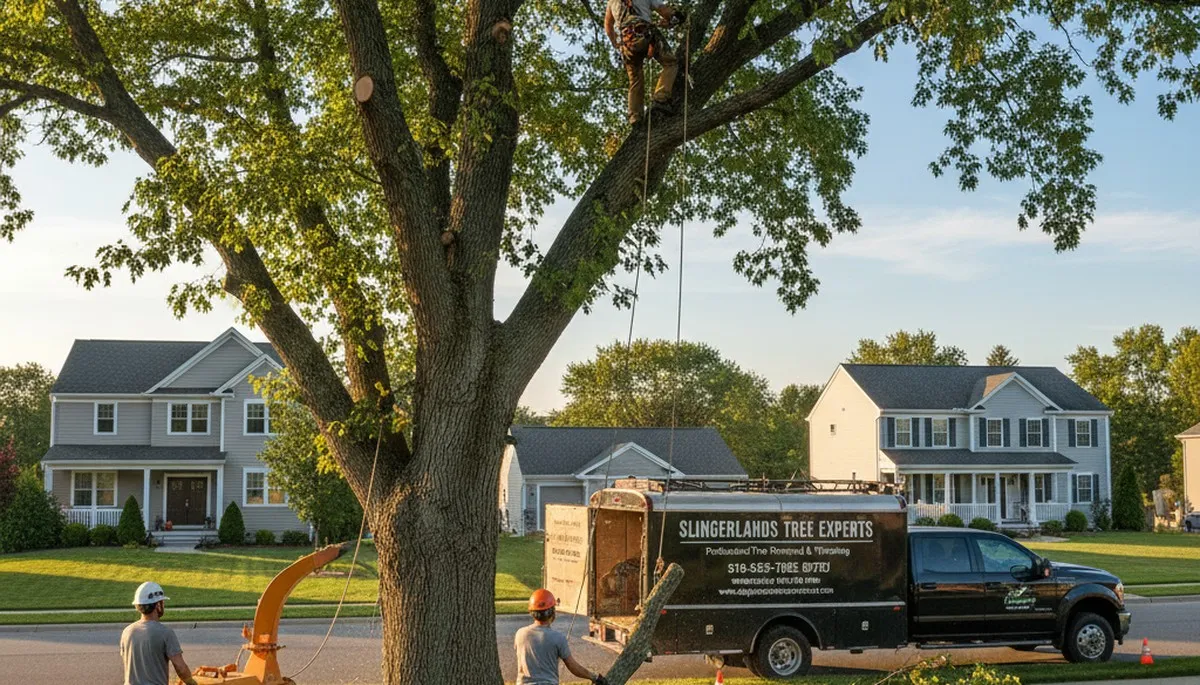 Professional tree removal service in Albany NY clearing large oak near residential property